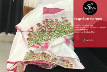 White Baptism Saree with Floral Embroidery
