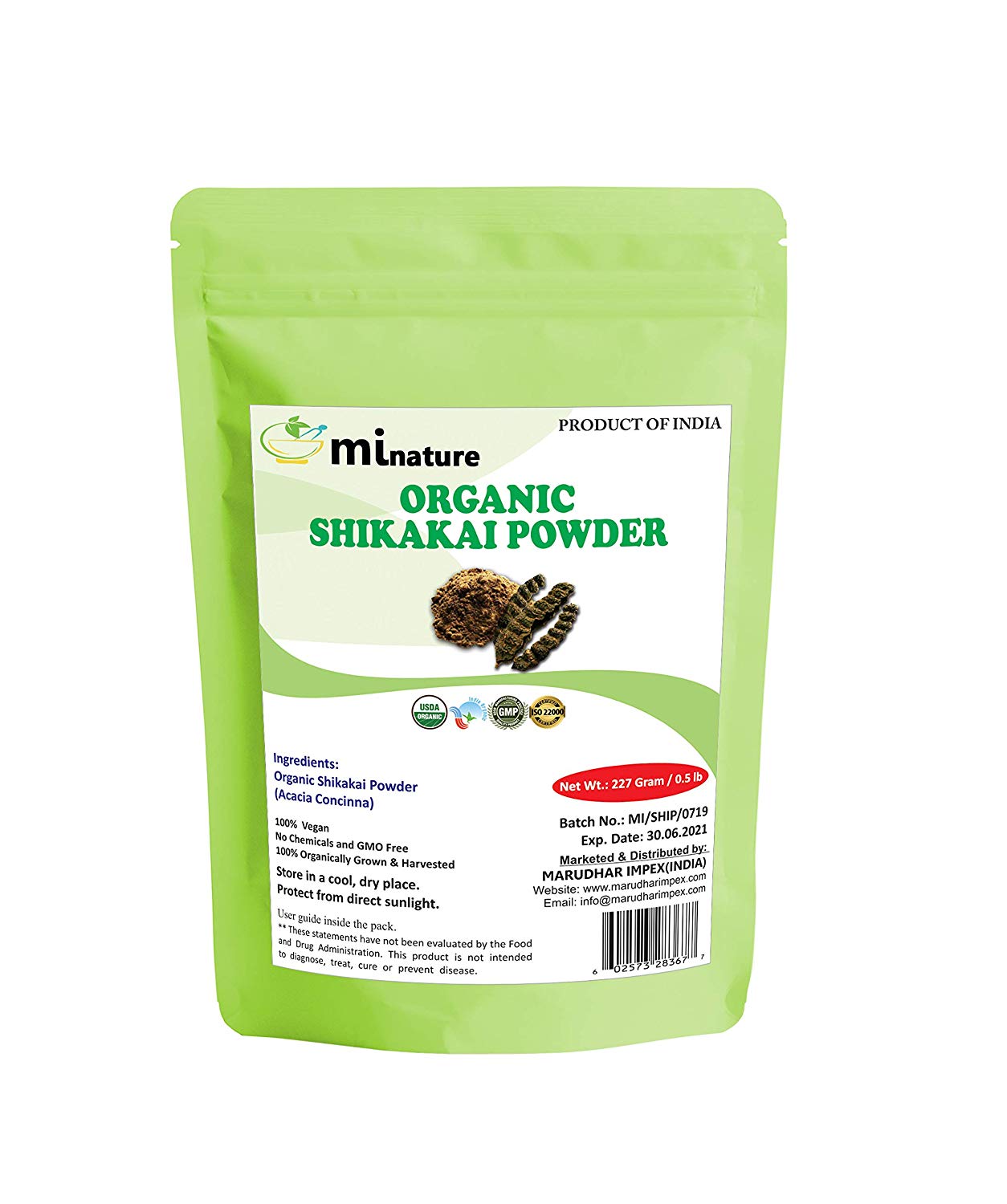 mi nature Organic Shikakai Powder with Resealable Zip Lock Pouch, 227 g