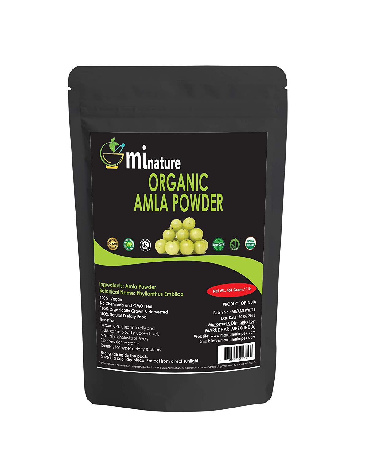mi nature 100% Pure, Natural and Organic 454g Amla Powder with Resealable Zip Lock Pouch
