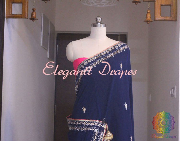 Navy Blue Pure Chinon Crepe Gota Patti Resham Work Saree