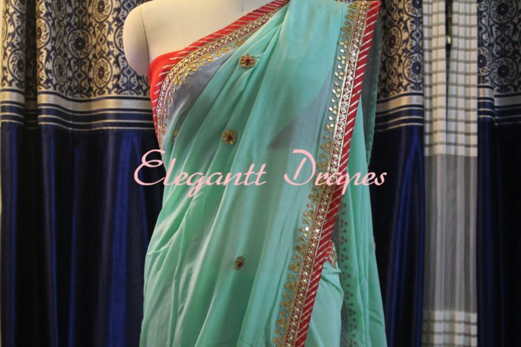 Navy Blue Pure Chinon Crepe Gota Patti Resham Work Saree