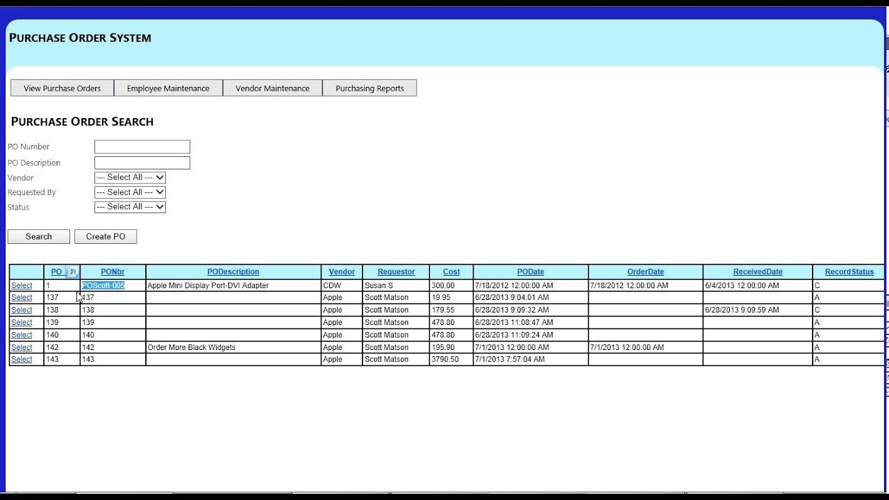 sample of purchase order