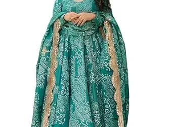 Women's Bandhani Print Flared Anarkali Muslin Kurta Set with Pant & Stylish Dupatta Ethnic Long Sleeve Dress Suit Set